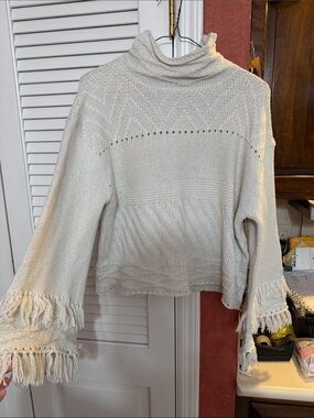 John + Jenn Cream Fringe Cowl Neck Sweater